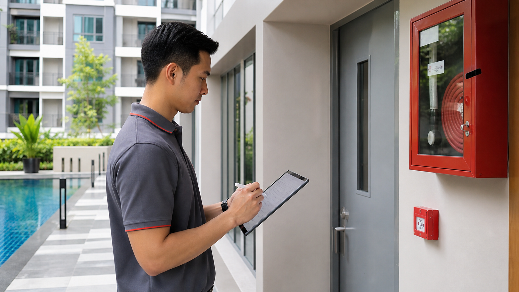 Facilities staff completing an inspection checklist with a tablet