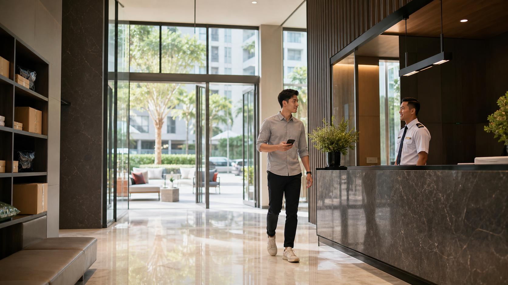 Modern condominium lobby with resident and security operations